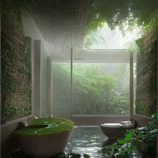 Image similar to exterior bathroom in the jungle designed by louis kahn, poetic architecture, greg rutkowski, digital painting, artstation