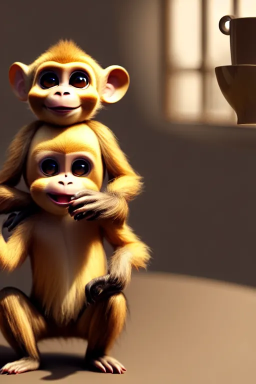 Image similar to high quality 3 d render hyperrealist very cute monkey with a starbucks coffee, vray smooth, in the style of detective pikachu, hannah yata, very dramatic light, low angle, uhd 8 k, shallow depth or field