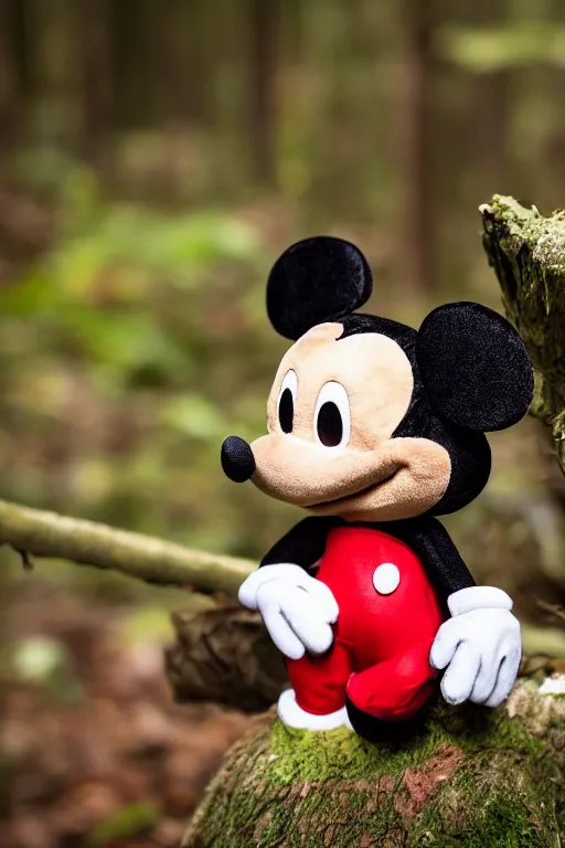 Image similar to in the center of the forest, a plush mickey mouse sits on a mushroom, super realistic, extremely high detail, cinematic 8k