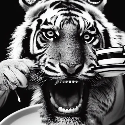Image similar to a dramatic photograph of excited tiger enjoying tea , cinematic lighting