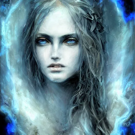 Prompt: masterpiece goddess of sorrow portrait, 3 0 years woman, melancolic face, digital painting by louis royo, dark tenebrous blue background, cinematic light, aura effect, unreal engine, artstation, deviantart, pinterest