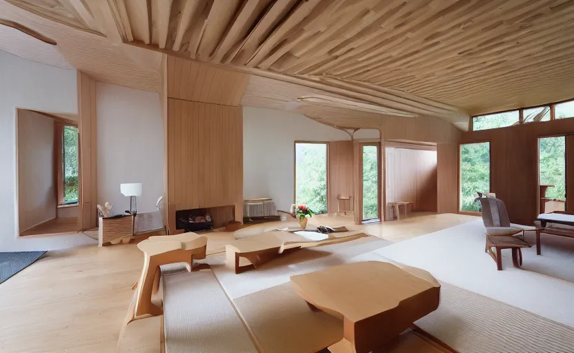 Prompt: luxurious wooden cottage by alvar aalto, modern japanese living room, japanese flower arrangements, coherent composition, architecturally accurate, architecture photography