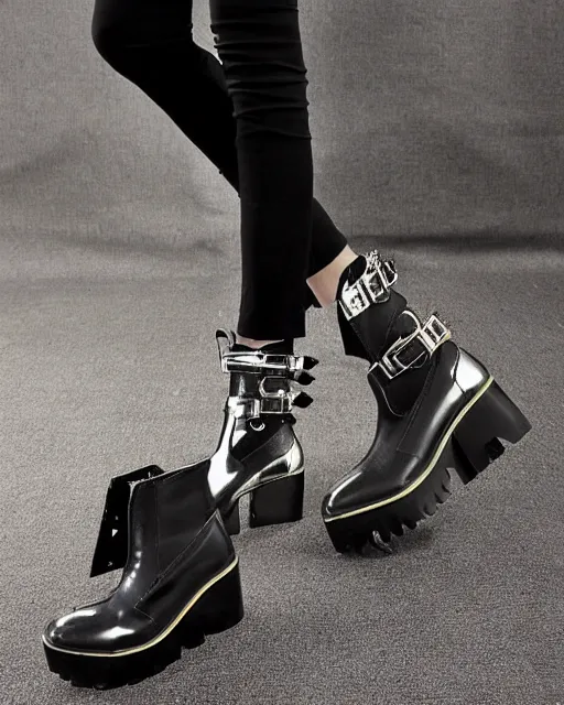 Prompt: stylish shoe design,One pair of shoes, killer boots, , high soles, battle shoes, metal, heavy metal rave shoes