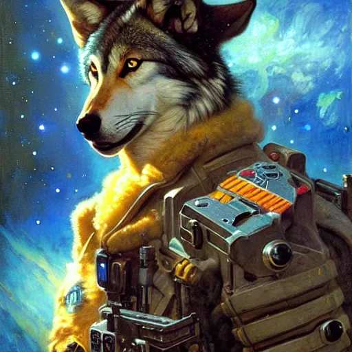 Image similar to portrait of a wolf in uniform as space engineer. shadowrun furaffiniy cyberpunk fantasy highly detailed painting by gaston bussiere craig mullins jc leyendecker gustav klimt artgerm greg rutkowski john berkey, bergey, craig mullins, ruan jia, raymond swanland, jeremy mann, tom lovell, alex malveda