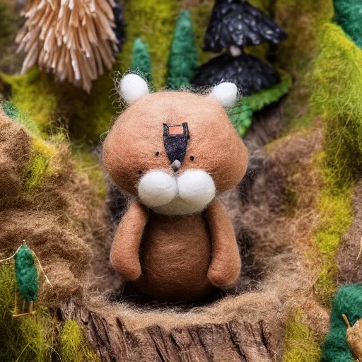 Image similar to high - res photograph of a felt sculpture diorama with cute fluffy forest critters, highly detailed sculpey diorama, forest setting, waterfall backdrop, realistic materials, wood, felt, cloth, burlap, smooth, sharp foccus, commercial product photography,