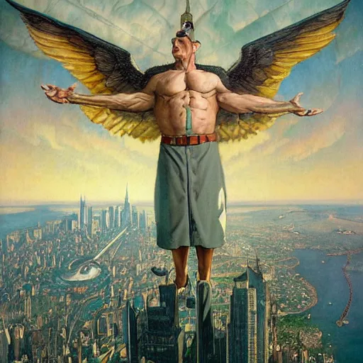 Prompt: marvelous detailed portrait of a strong winged Nephilim Hank Hill Man with a halo standing above new york city. peter mohrbacher norman rockwell heorhiy narbut jessie wilcox smith beatrix potter joseph leyendecker acrylic painting