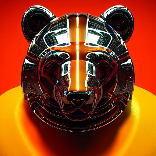 Image similar to chrome bear, glossy, metallic, neon, symmetrical, tribal patterns, realistic, unreal engine, octane, redshift, artstation, behance