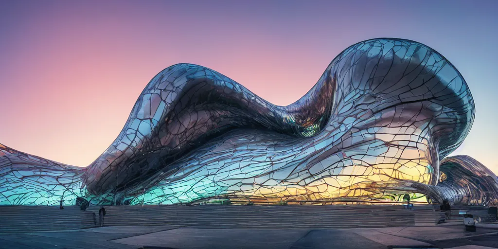 Image similar to extremely detailed awe stunning beautiful futuristic smooth curvilinear museum exterior, translucent gills, stunning volumetric light, stainless steel, concrete, translucent material, beautiful sunset, hyper real, 8k, colorful, 3D cinematic volumetric light, atmospheric light