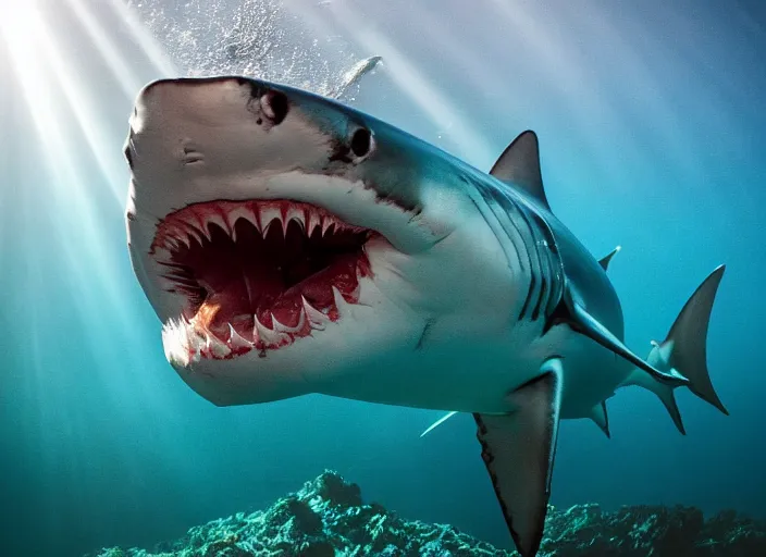 Prompt: underwater photo still of a great white shark eating a charcuterie platter at the bottom of the ocean, underwater lighting, light rays, bubbles, 8 k