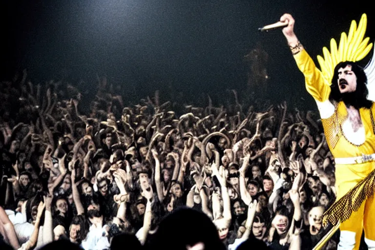 Image similar to freddie mercury queen singing at a death metal punk concert. mosh pit, elaborate clothing, violent rock concert yellow and white clothing, huge angel wings