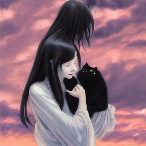 Image similar to young vampire and her black cat Portrait by Miho Hirano, full body ,manga, realistic, detailed, white, light pink tonalities, beautiful collage technique including clouds, sea, wind, ornate sea background, beautiful Fantasy detailed trending on artstation, oil painting,Dramatic lighting, eterea , high quality print, fine art with subtle redshift rendering