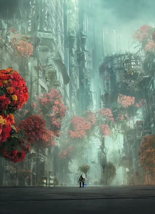 Prompt: A dystopian future in a city made up of the most incredible flowers ever seen, evil, demonic, angelic, flowers, nature, city, symmetry, environment concept, cinematic, Rendered in Octane, trending on artstation, cgsociety, moody lighting rendered by octane engine, environment 8K artstation, cinematic lighting, intricate details, 8k detail post processing, hyperealistic, octane render, photo realism, visually inspired by Blade Runner 2049