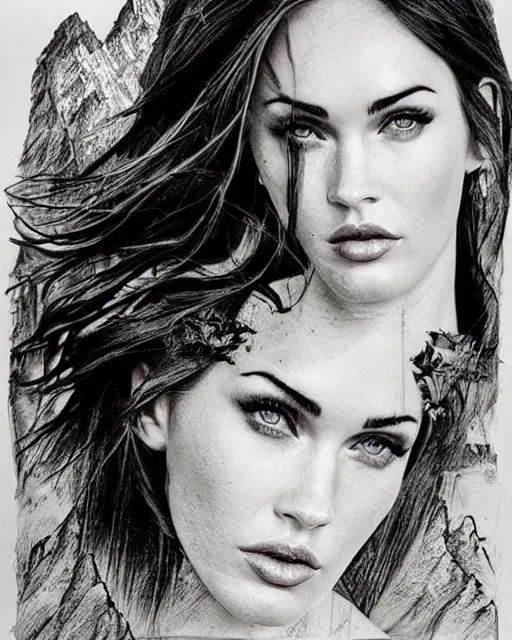 Image similar to double exposure effect tattoo sketch of a megan fox blended with a beautiful mountain scenery, surreal, in the style of matteo pasqualin, amazing detail, sharp