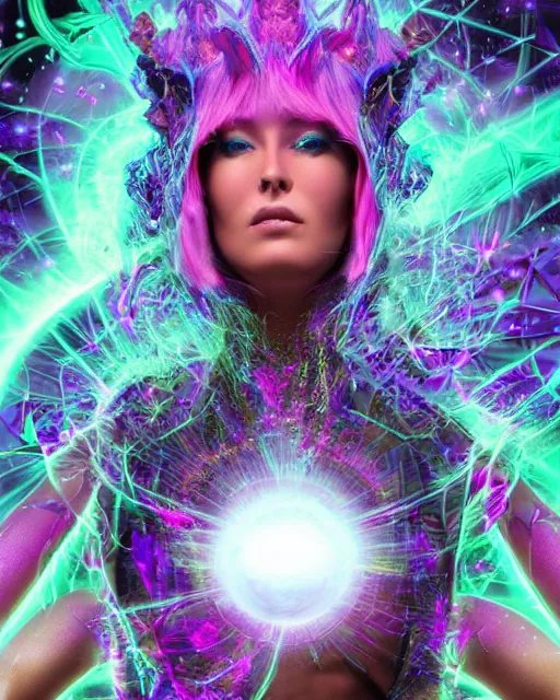 Prompt: a powerful energy psychedelic matrix sorceress, by alexander fedosav, hyper detailed digital matte painting, concept art, hyperrealism, 1 6 k resolution, cinema 4 d, 8 k resolution, trending on artstation, behance hd, a masterpiece, by stephan martiniere, particles, cel - shaded, power bright neon energy, by david a. hardy,