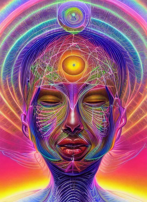 Image similar to ai transcendence into collaborative intelligence, connectedness, body, by alex grey, album cover, award winning, beautiful, colorful, volumetric lighting, trending on artstation