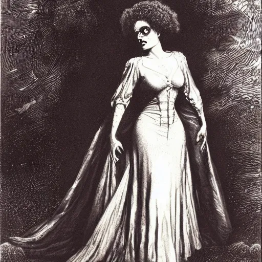 Prompt: portrait of young elsa lanchester as the bride, frankenstein, by gustave dore,