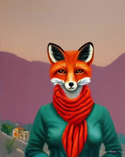 Image similar to oil painting portrait of anthropomorphic female fox animal dressed in sweater and scarf, fox animal, hollywood sign in background, oil painting,