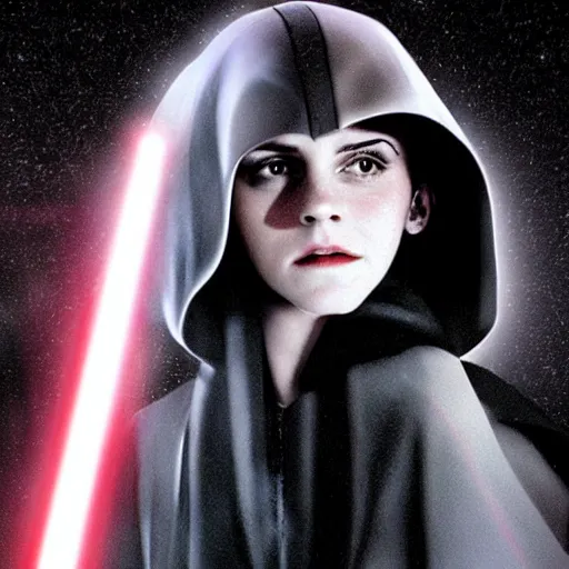 Image similar to emma watson as a sith lord with a cloak and a lightsaber