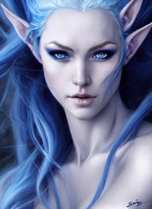 Image similar to d & d concept art of gorgeous elven woman with blue hair in the style of stefan kostic, realistic, half body shot, sharp focus, 8 k high definition, insanely detailed, intricate, elegant, art by stanley lau and artgerm, luis royo, foggy backgeound, fantasy