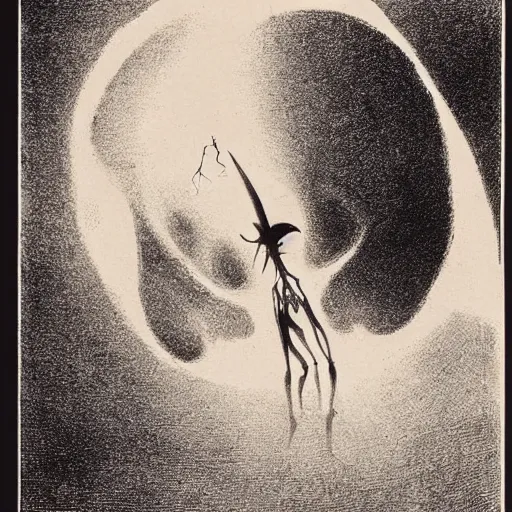 Image similar to dawn of creation; first atom; beings of light and darkness; ethereal plane. illustrated by maurice sendak and Stephen Gammell