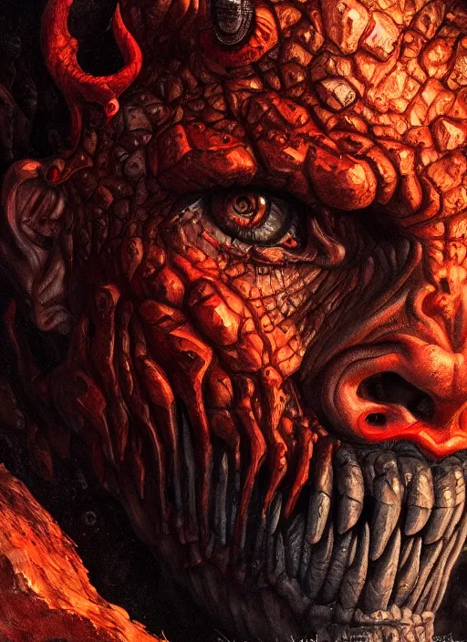 Image similar to close up portrait of a monster in the mountains of hell, oil painting by tomasz jedruszek, cinematic lighting, pen and ink, intricate line, hd, 4 k, million of likes, trending on artstation