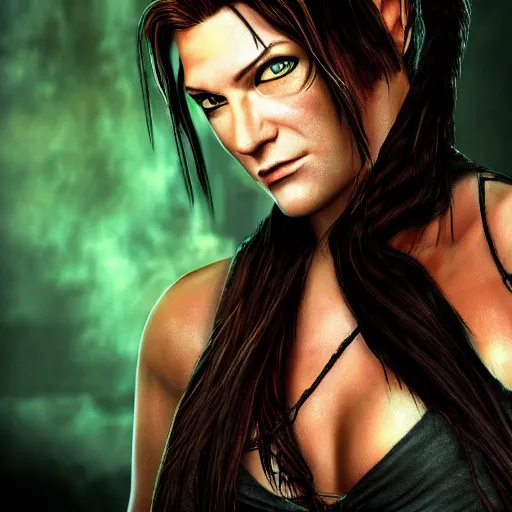 Image similar to Floor Jansen as Lara Croft highly detailed headshot Portrait.