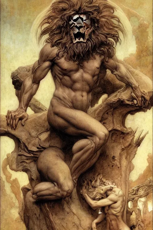 Prompt: a muscular lion by wayne barlowe, by gustav moreau, by goward, by gaston bussiere, by roberto ferri, by santiago caruso, by luis ricardo falero, by austin osman spare, ( ( ( ( occult art ) ) ) ) saturno butto