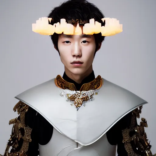 Prompt: a portrait of a beautiful korean young male wearing an alexander mcqueen armor made of wax candles , photographed by andrew thomas huang, artistic