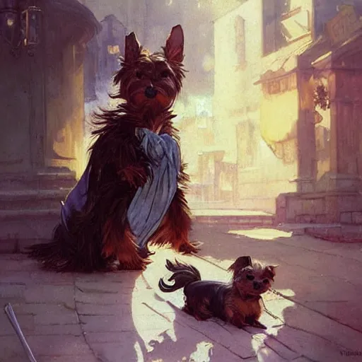 Prompt: cute yorkshire terrier delivery guy, Renowned character illustration by greg rutkowski, thomas kindkade, alphonse mucha, loish, norman rockwell. Trending on furaffinity. Digital art.