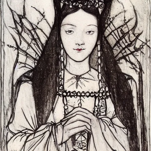 Image similar to Anne Boleyn half-bird half-woman, style of Arthur Rackham, detailed
