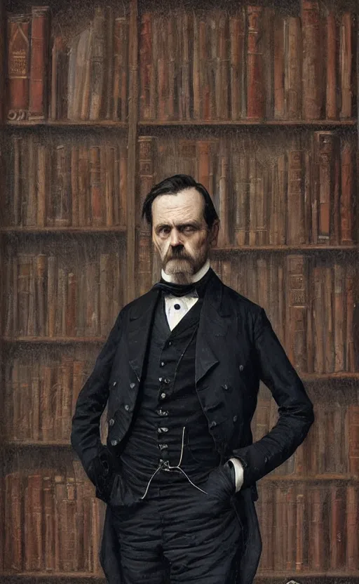 Prompt: portrait of a middle aged victorian gentleman wearing a dark suit, standing beside a bookcase, detailed face, 1 9 th century, highly detailed, cinematic lighting, digital art painting by greg rutkowski