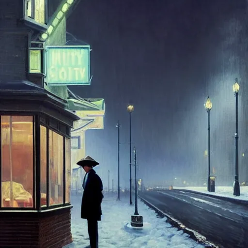 Prompt: A yorkie at night in the world of Edward Hopper, stormy snowy weather, streetlights, extremely detailed masterpiece, oil on canvas, low-key neon lighting, artstation, Blade Runner 2049, Roger Deakin’s cinematography, by J. C. Leyendecker and Peter Paul Rubens,