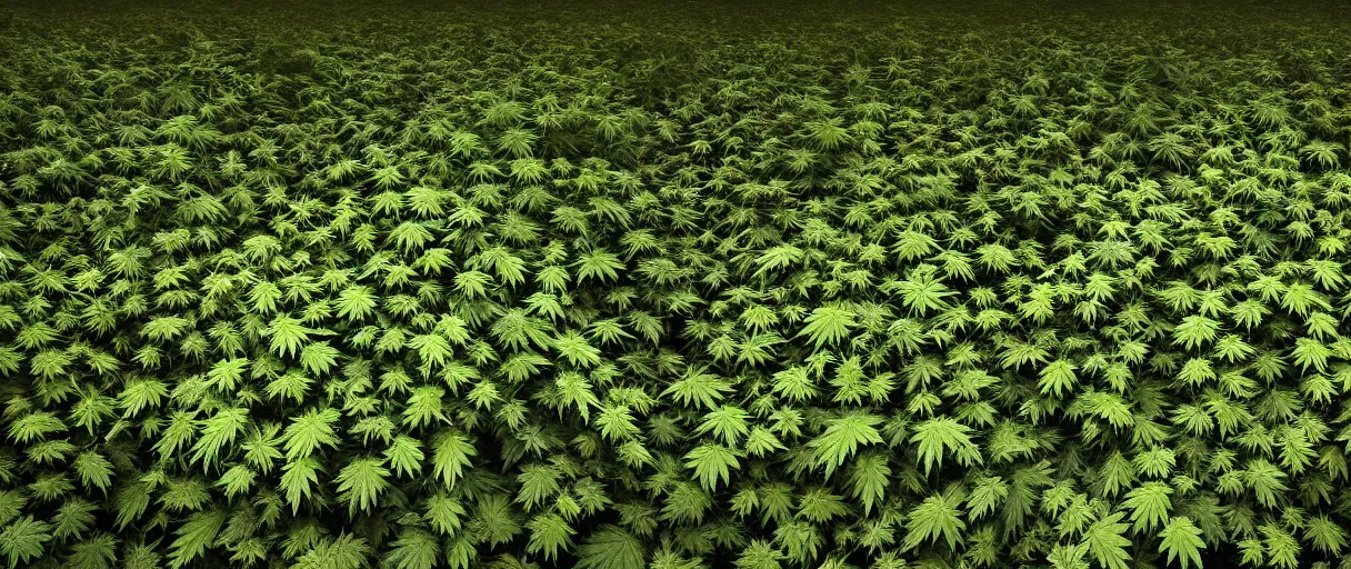 Image similar to realistic giant cannabis crop and cannabis leaves, convert from left side Australian desert to right side; a utopian oasis with streams, waterfalls, landscape, photo, concept art, universe in the sky, cinematic lighting, 4k, wide angle, warm tones, Australian Earth,