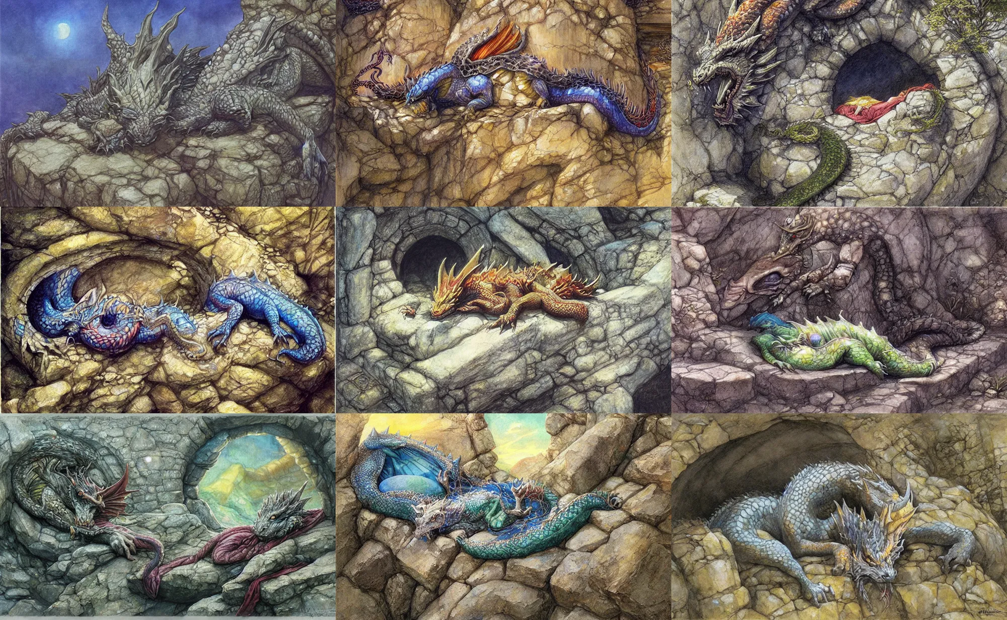 Prompt: a sleeping dragon on ancient stonework and colorful gems, by alan lee, digital art, art station.