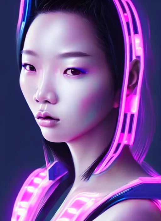 Image similar to photorealistic portrait of asian female humanoid, cyber neon lights, highly detailed, cyberpunk fashion, elegant, crispy quality, trending in artstation, trending in pinterest, glamor pose, no signature, no watermark, cinematic, art by pascal blanche