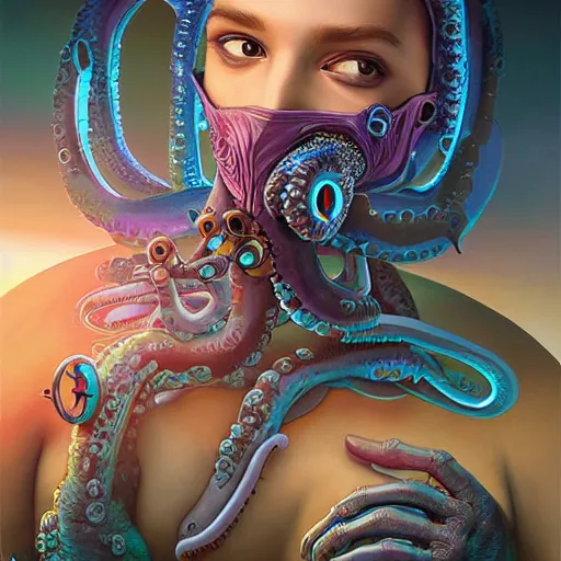 Prompt: Lofi BioPunk portrait with a giant octopus Pixar style by Tristan Eaton Stanley Artgerm and Tom Bagshaw