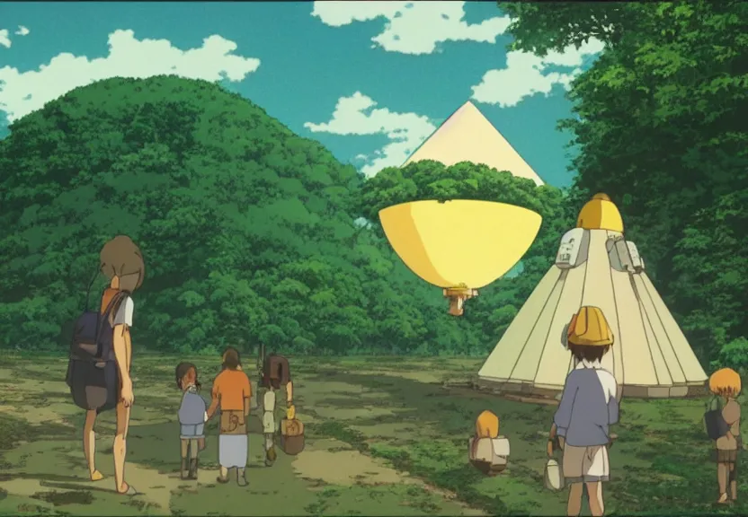 Image similar to a movie still from a studio ghibli film showing several large white pyramids and a golden ufo in the amazon jungle. by studio ghibli