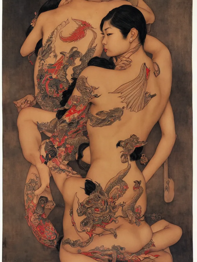 Image similar to a full figure Portrait of a beautiful asian girl with a tattoo of a dragon on her back sitting in a temple by Norman Rockwell