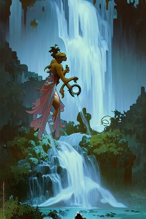 Image similar to water faucet person dnd character with a waterfall behind them by peter mohrbacher, basquiat alphonse mucha