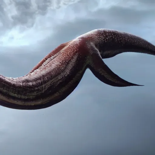 Prompt: a giant squid octopus chimea hanging from the clouds over a rain forest, still from the movie the arrival, 8k