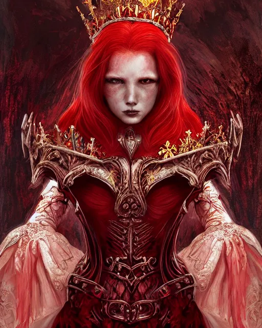 Image similar to redhead queen in heavy red armor, inside an epic gothic castle, baroque, large crown, face with scars, mad grin, intimidating, ominous, high fantasy, intricate detail, digital painting, artstation, concept art, smooth, sharp focus, illustration, art by yoshitaka amano and monia merlo and wlop