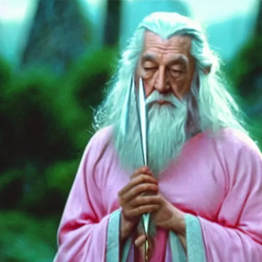 Image similar to gandalf wearing pink robes and a hello kitty hair clip, movie still from the lord of the rings