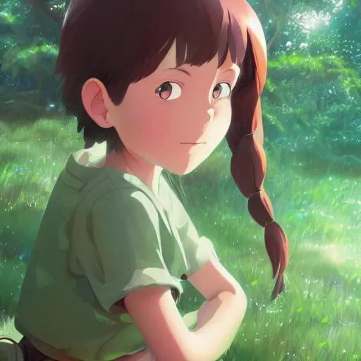 Image similar to portrait of a child with brown wavy pigtails and green eyes, forest background, highly detailed, digital painting, artstation, matte, by makoto shinkai, animation style, studio ghibli, anime key visual