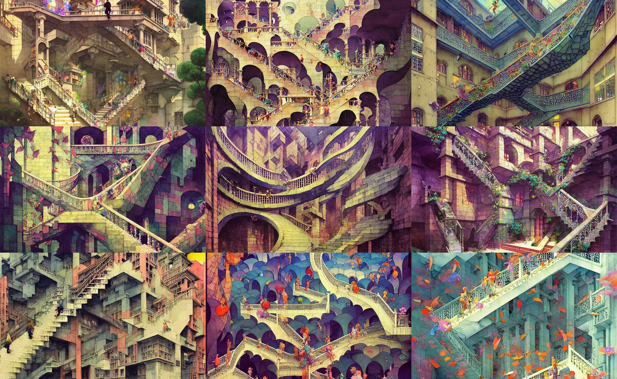 Prompt: mc escher staircase geometrically impossible beautiful architecture, fantasy. intricate, amazing composition, colorful watercolor, by ruan jia, by maxfield parrish, by marc simonetti, by hikari shimoda, by robert hubert, by zhang kechun, illustration, gloomy