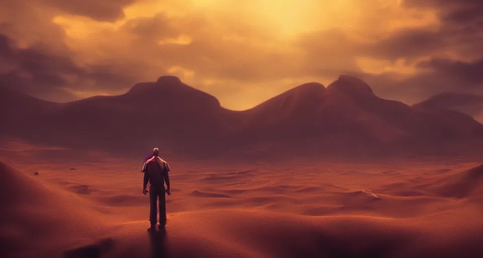 Prompt: a man in the desert staring at the sky, cinematic composition, dark color scheme, artstation