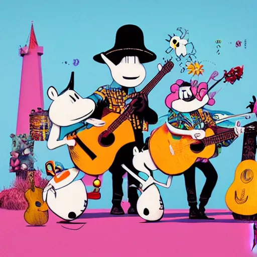 Image similar to lofi biopunk portrait of the Moomins playing mariachi, Pixar style, by Tristan Eaton Stanley Artgerm and Tom Bagshaw.