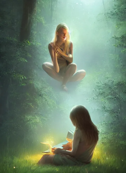 Image similar to portrait, gorgeous blond girl sits cross-legged in mystical misty forest, reading under a tree, fireflies and fairies illuminate the pages, dramatic lighting, cinematic, establishing shot, extremly high detail, foto realistic, cinematic lighting, post processed, concept art, artstation, matte painting, style by eddie mendoza, raphael lacoste, alex ross