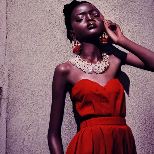 Prompt: vintage, somalia, fashion editorial, woman, beautiful, high definition, simple backdrop, sharp focus, vogue, magazine