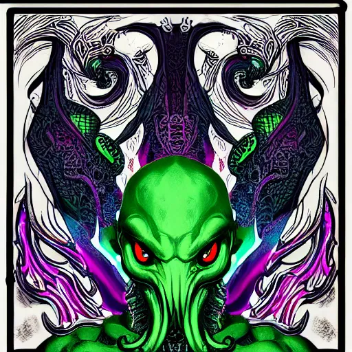 Image similar to 4 k stylized neon headshot of godlike cthulhu with defined arms and open hands and bloody clothes with giant mandala wings, intricate face, flawless anime cel animation by kentaro miura, psychedelic, highly detailed upper body, professionally post - processed, beautiful, scary, symmetry accurate features, epic, octane rendered, anime masterpiece, accurate