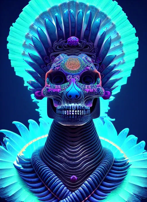 Image similar to 3 d goddess profile portrait, sigma 5 0 0 mm f / 5. beautiful intricate highly detailed quetzalcoatl skull and feathers. bioluminescent, plasma, lava, ice, water, wind, creature, thunderstorm! artwork by tooth wu and wlop and beeple and greg rutkowski, 8 k trending on artstation,